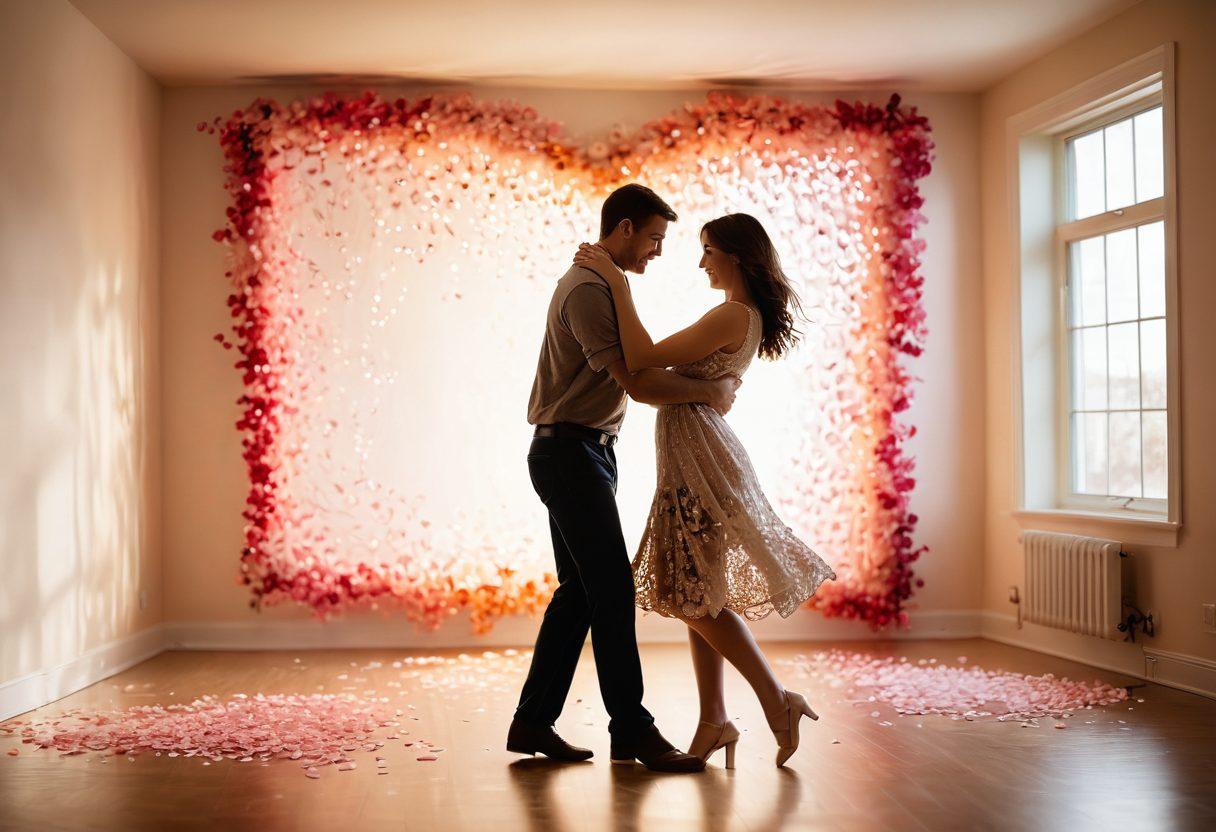 A warm, intimate scene of a couple dancing close together in a softly lit room, surrounded by floating hearts and gentle swirls of color representing their emotions. The couple wears casual yet elegant outfits, their expressions reflecting love and joy. Incorporate elements of tenderness, such as soft petals or delicate lace in the background. super-realistic. warm colors. soft focus.