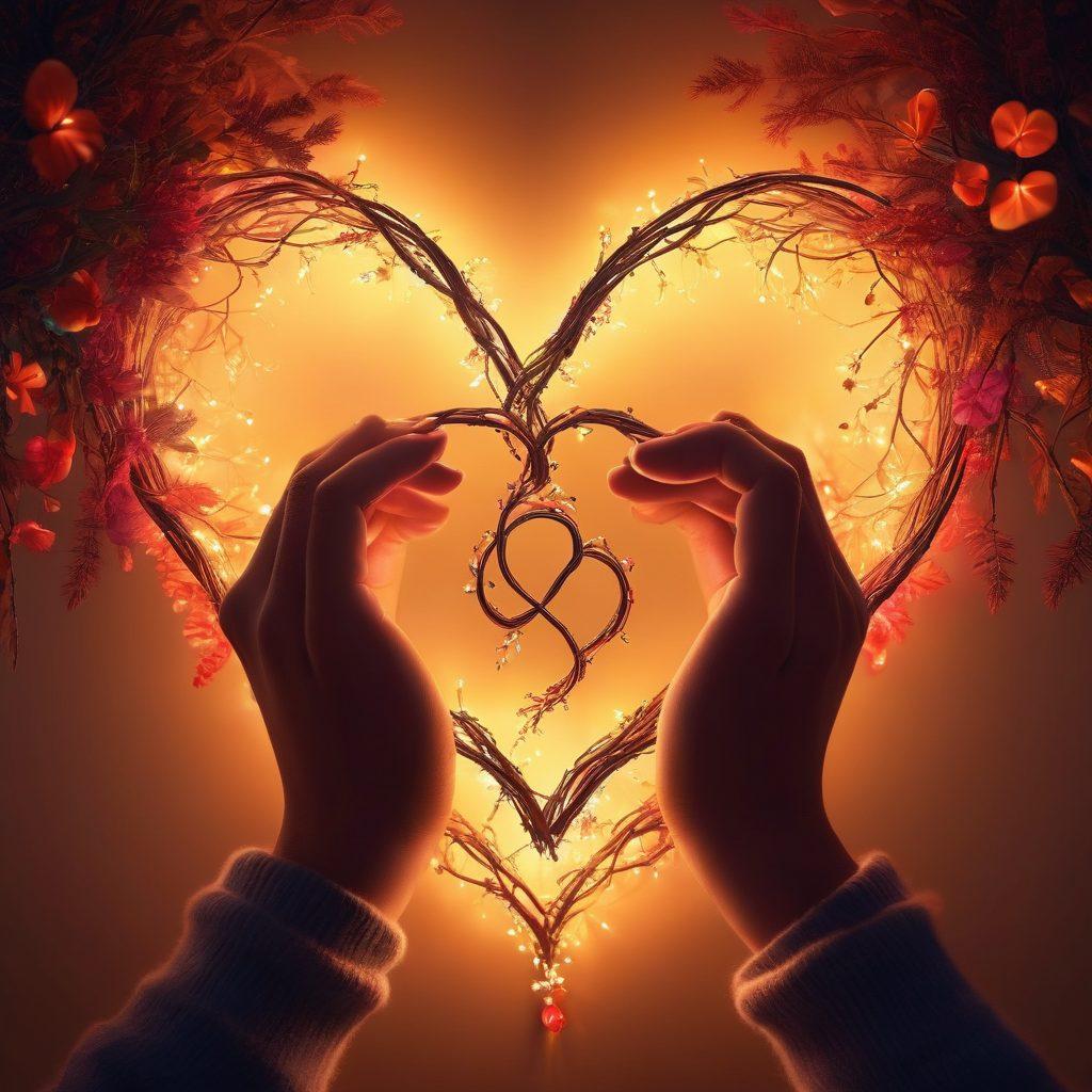 A warm and cozy setting featuring two people engaged in a deep conversation, surrounded by soft lighting, heart-shaped elements, and symbols of trust like intertwined hands and a glowing heart. Include vibrant colors and a hint of nature in the background to symbolize growth and connection. super-realistic. vibrant colors. soft focus.