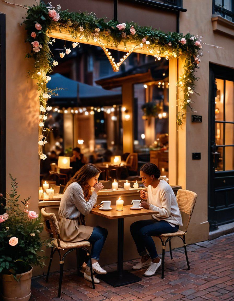 A cozy café setting with two people engaged in deep conversation, surrounded by soft candlelight and blooming flowers symbolizing romance. Include a heart-shaped coffee art in their cups and warm, inviting colors to evoke intimacy. The background can feature subtle elements like fairy lights and a quiet street view, enhancing the sense of connection. super-realistic. warm colors. soft focus.